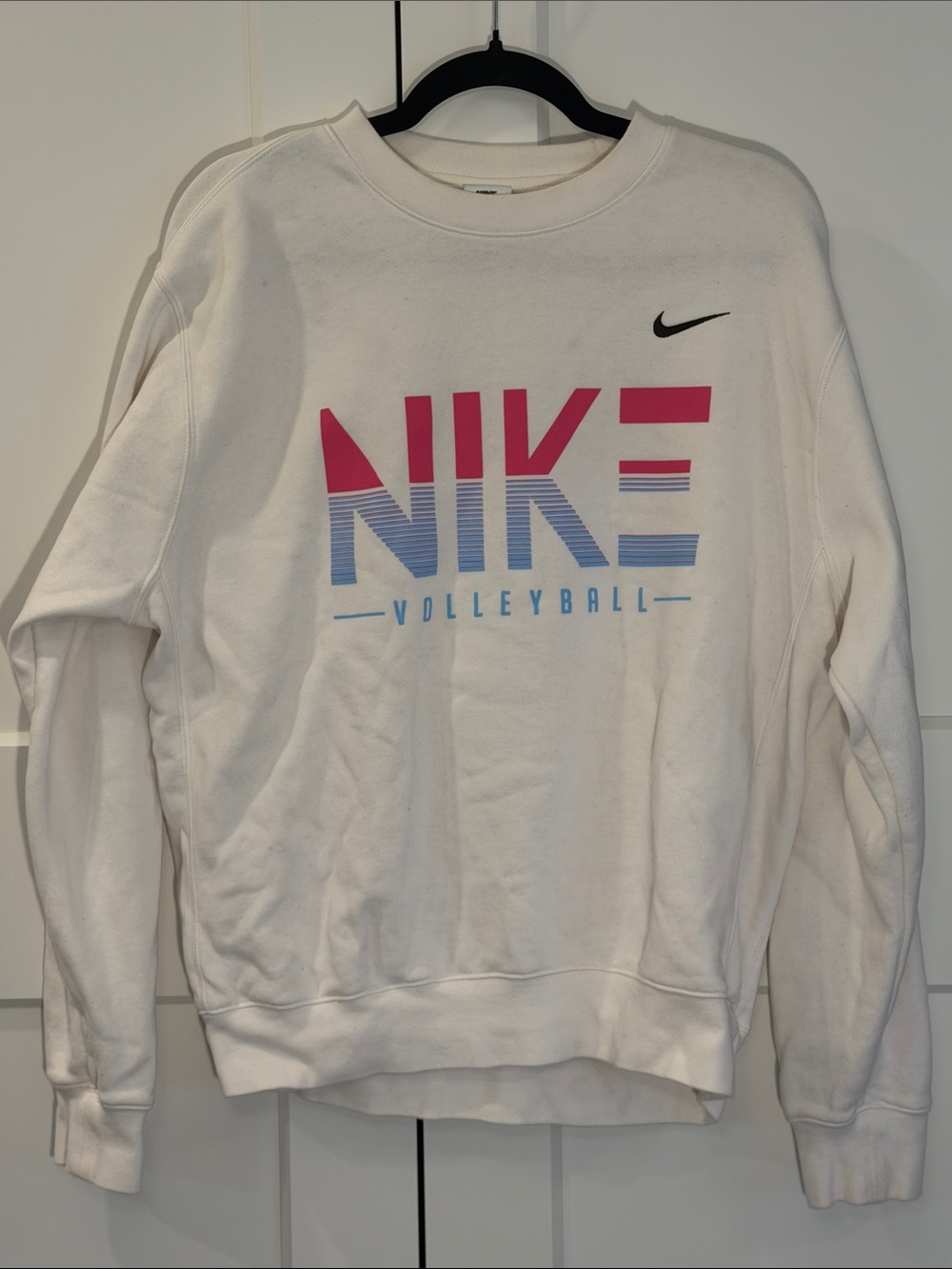 Nike White Crewneck Sweatshirt with Pink and Light Blue NIKE Volleyball Graphic